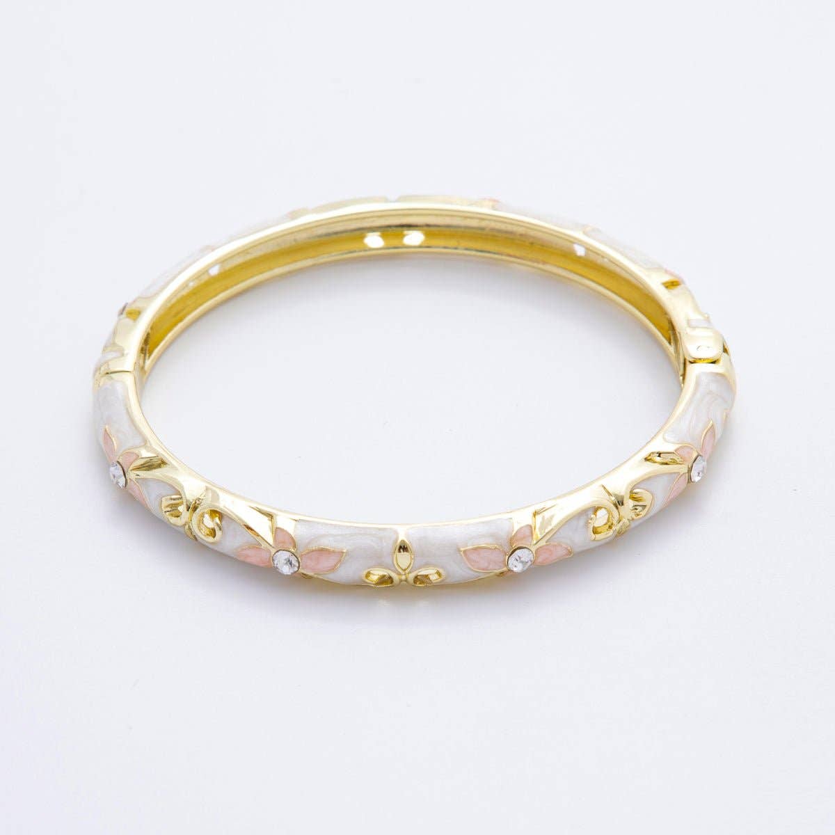 Clear Round CZ Enamel Ivy Garden Floral Open Round Bangle Bracelet