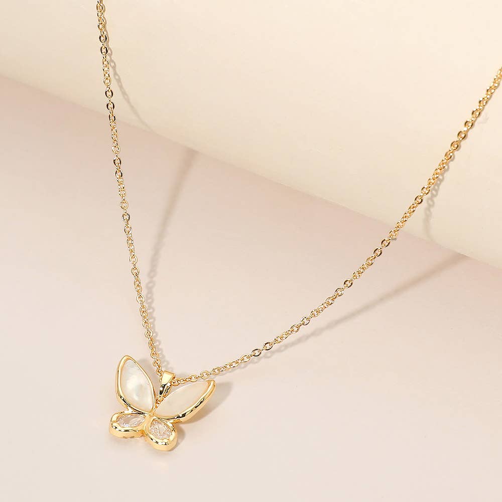 Mother of Pearl CZ Butterfly Pendant Necklace: Clear,Gold