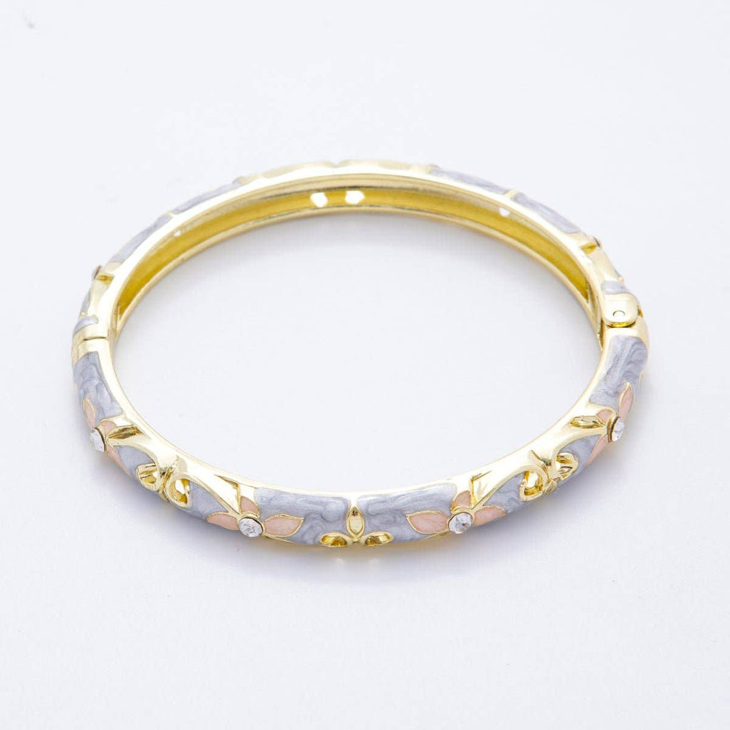 Clear Round CZ Enamel Ivy Garden Floral Open Round Bangle Bracelet