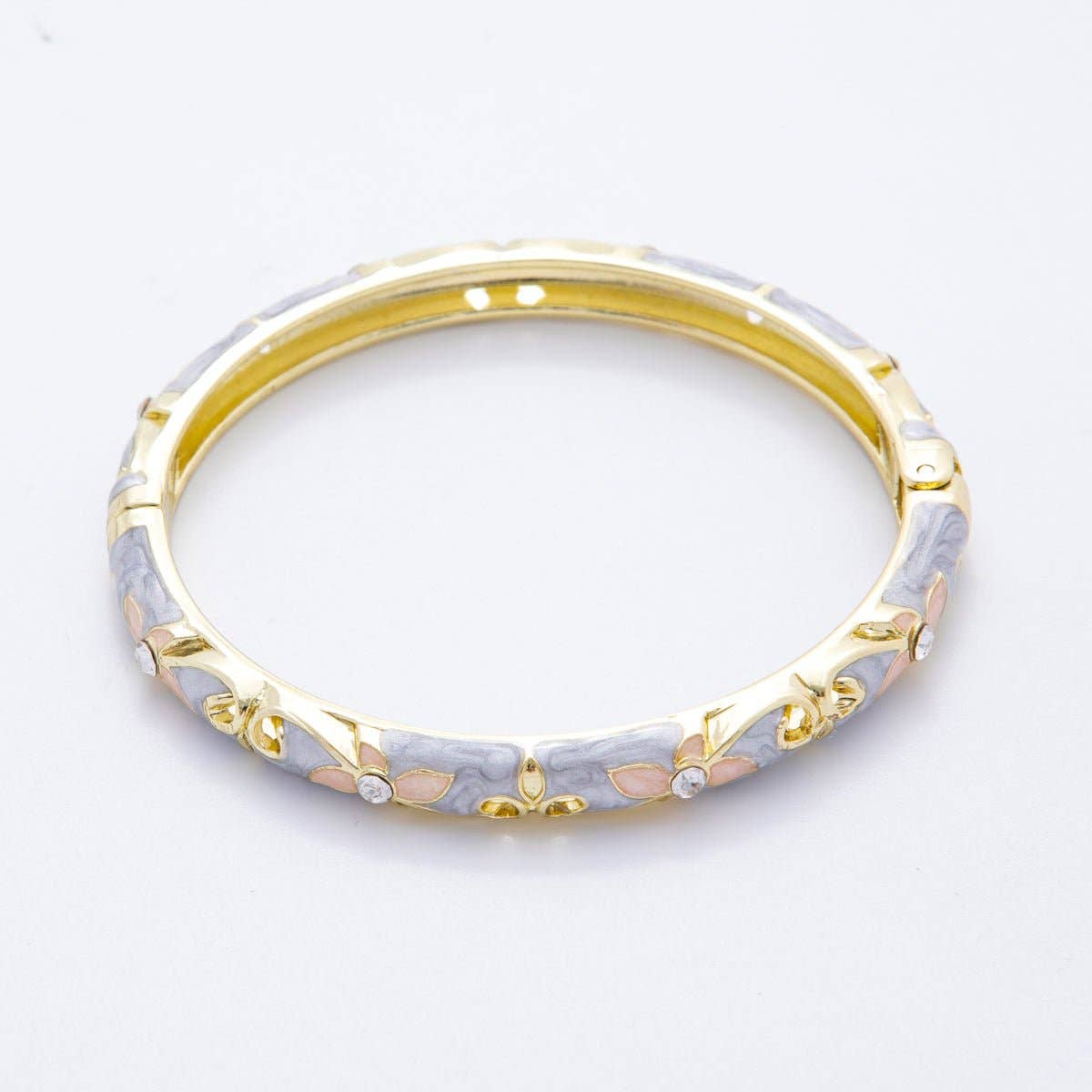 Clear Round CZ Enamel Ivy Garden Floral Open Round Bangle Bracelet