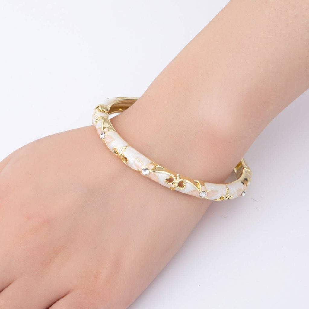 Clear Round CZ Enamel Ivy Garden Floral Open Round Bangle Bracelet
