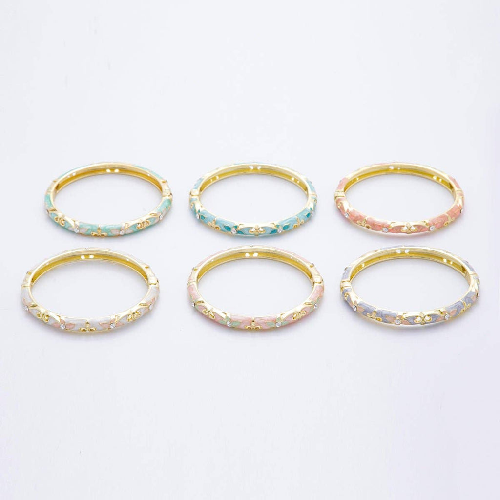 Clear Round CZ Enamel Ivy Garden Floral Open Round Bangle Bracelet