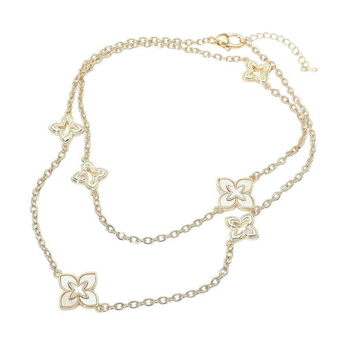 14K Gold Plated Mother of Pearl Floral Charm Station Long Necklace