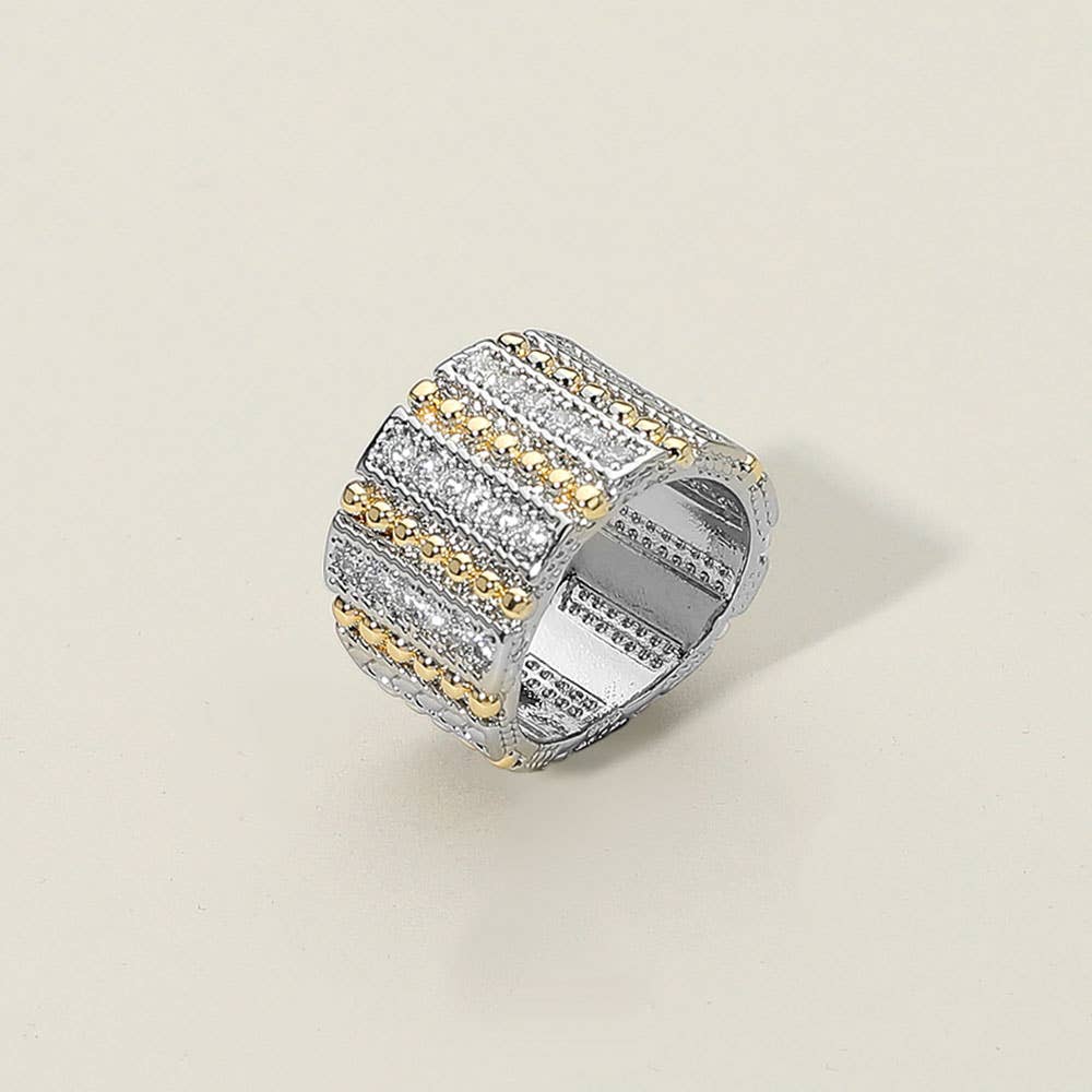 Two Tone CZ Stone Paved Textured Wide Ring: 7
