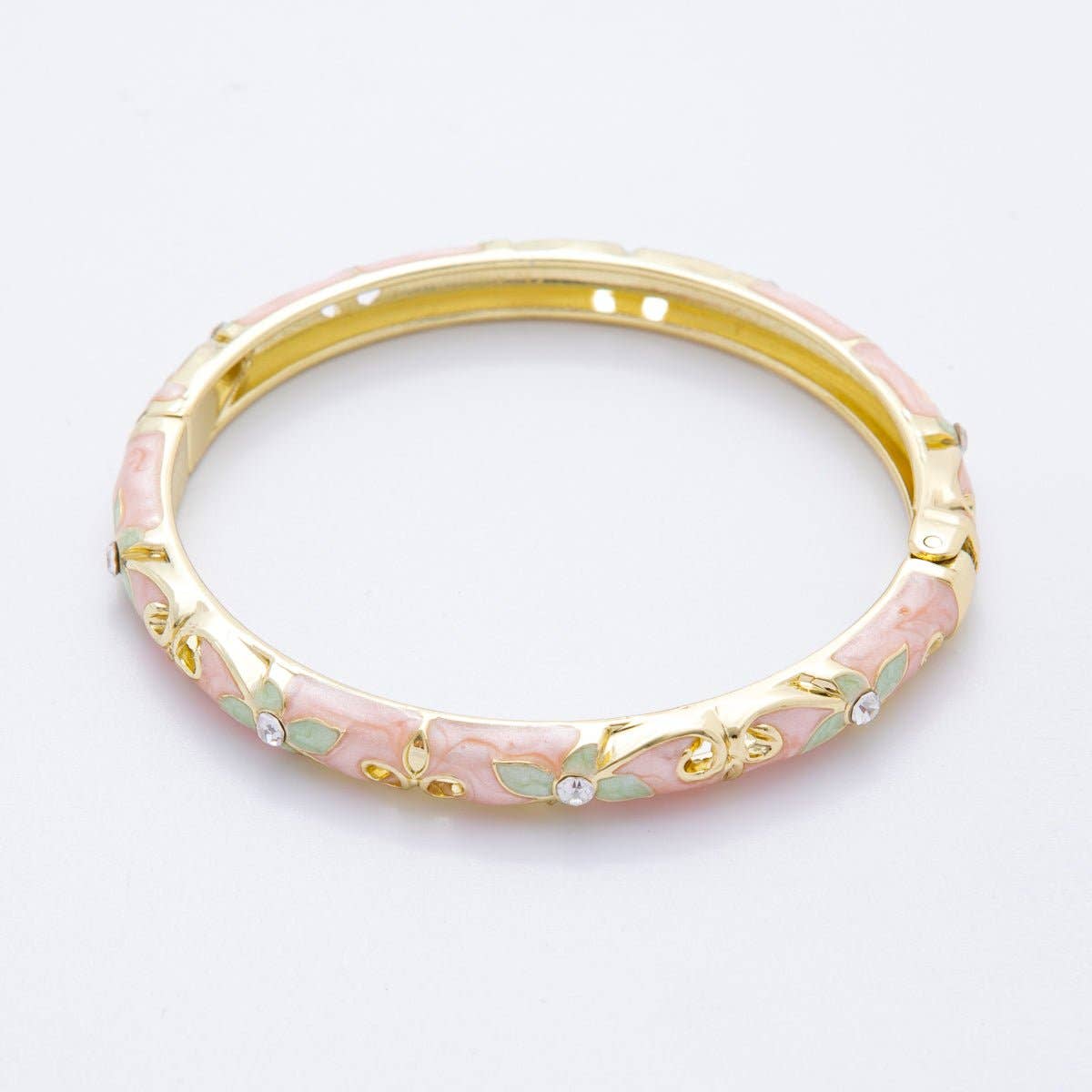 Clear Round CZ Enamel Ivy Garden Floral Open Round Bangle Bracelet