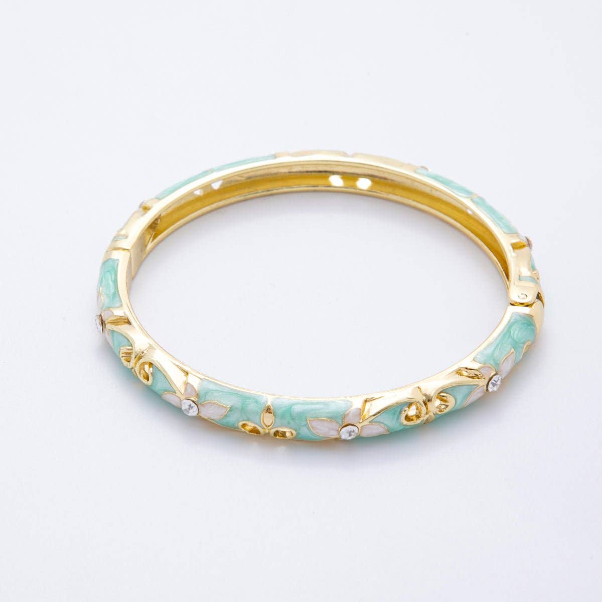 Clear Round CZ Enamel Ivy Garden Floral Open Round Bangle Bracelet