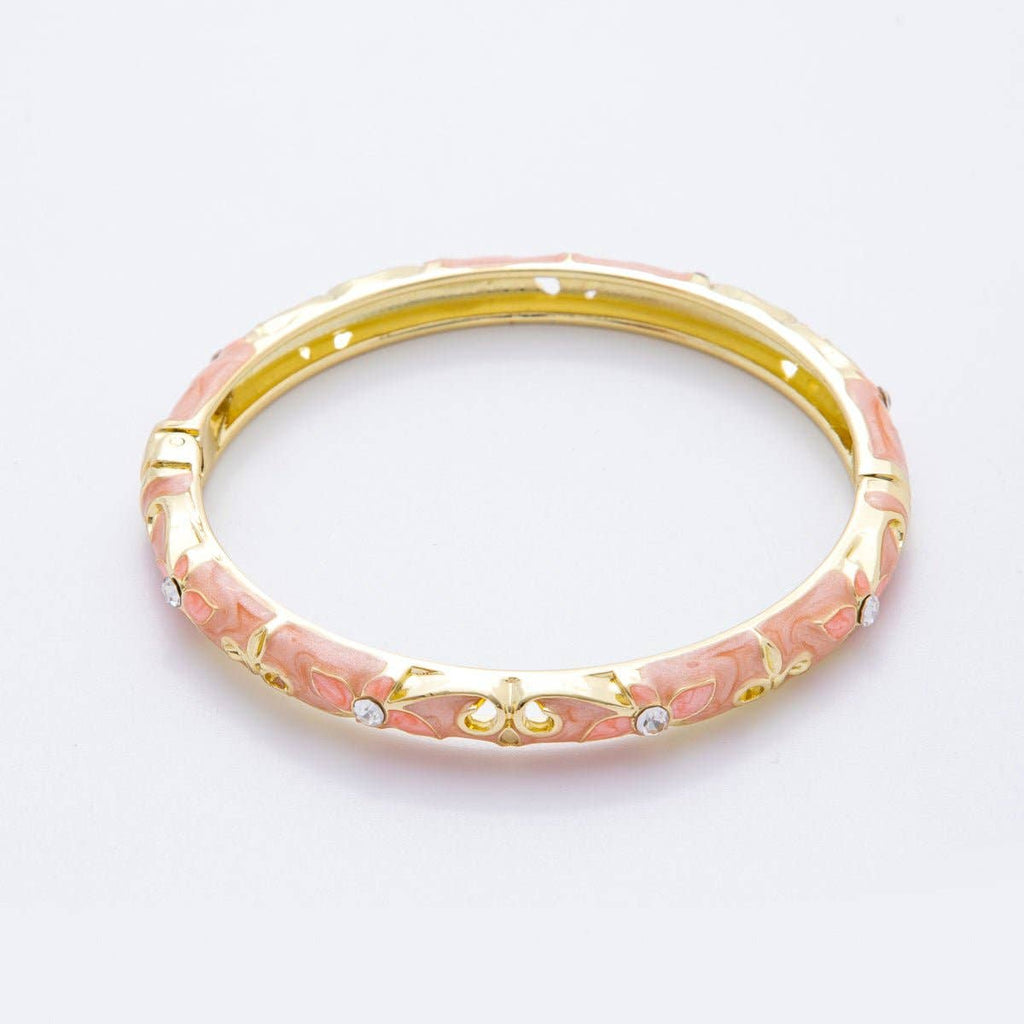 Clear Round CZ Enamel Ivy Garden Floral Open Round Bangle Bracelet