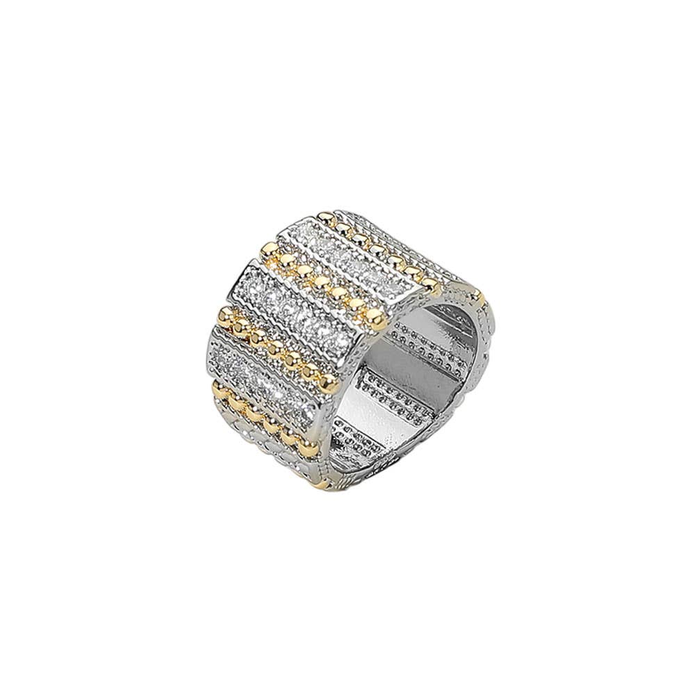 Two Tone CZ Stone Paved Textured Wide Ring: 7