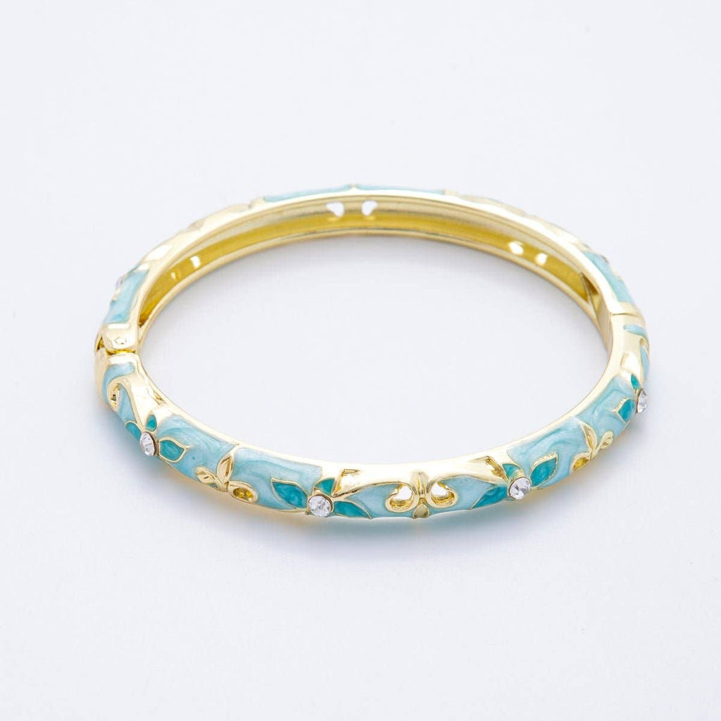 Clear Round CZ Enamel Ivy Garden Floral Open Round Bangle Bracelet