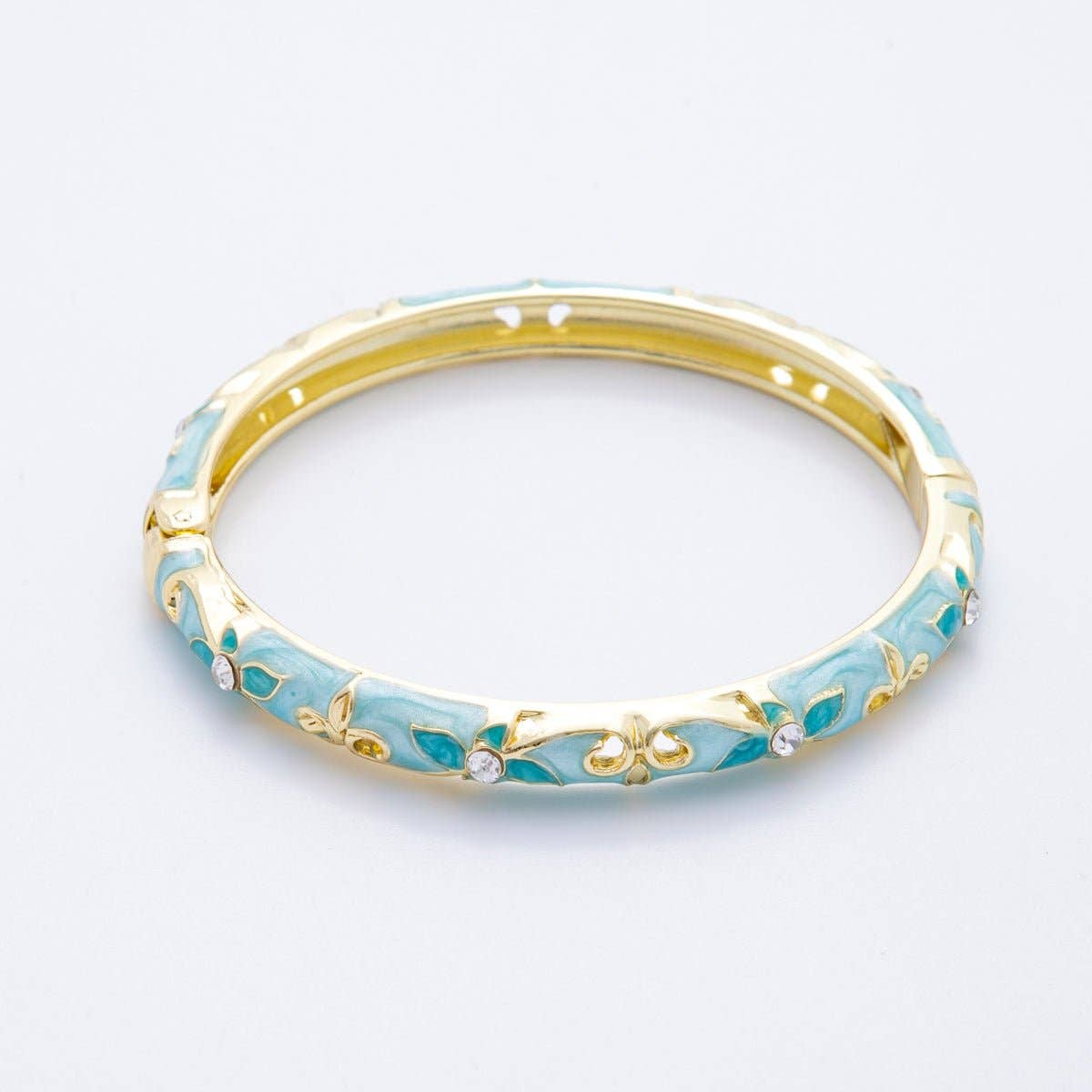 Clear Round CZ Enamel Ivy Garden Floral Open Round Bangle Bracelet
