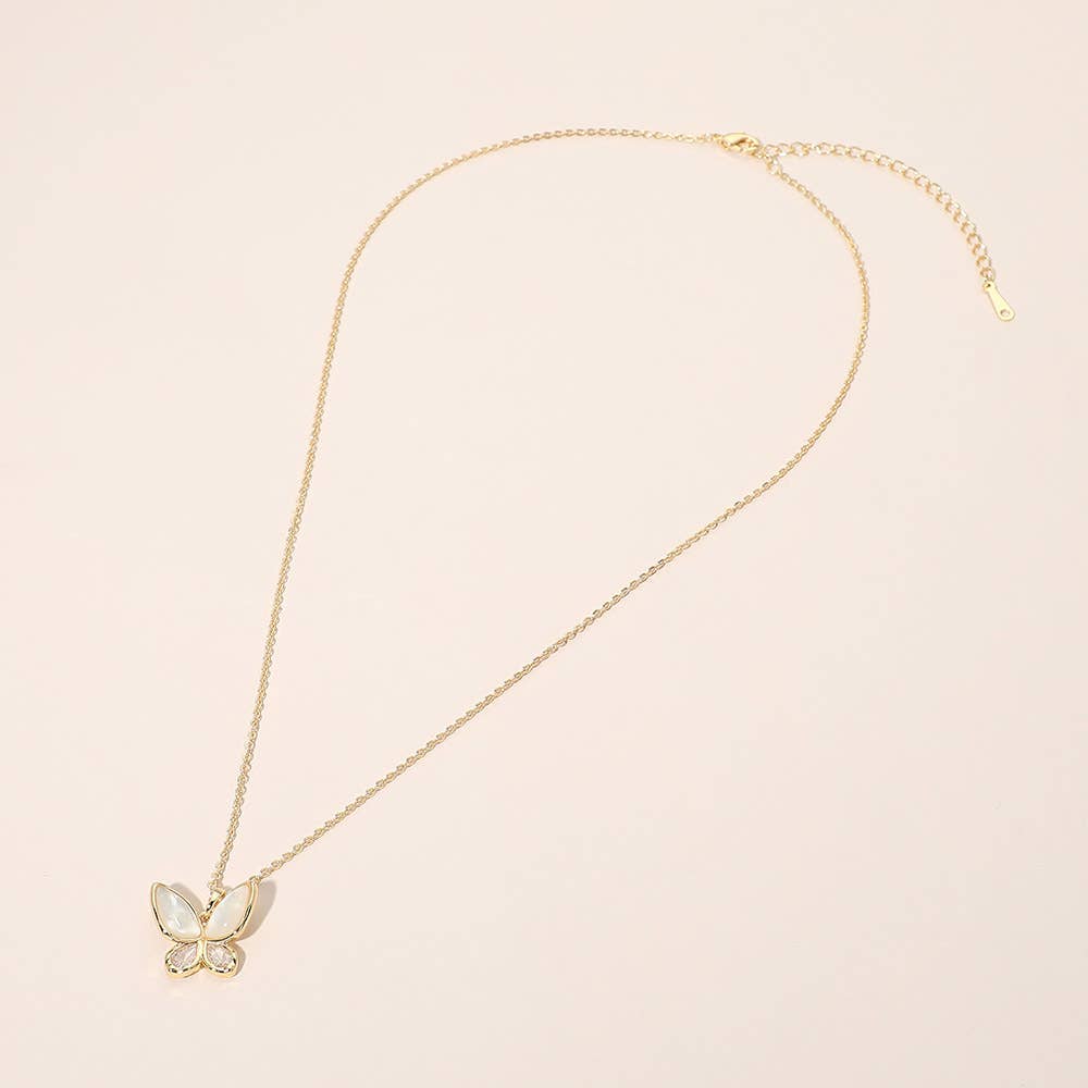 Mother of Pearl CZ Butterfly Pendant Necklace: Clear,Gold