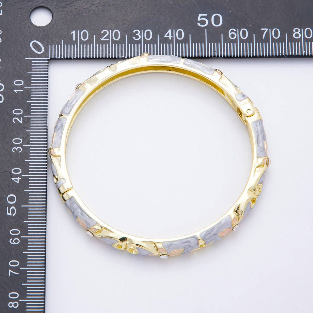 Clear Round CZ Enamel Ivy Garden Floral Open Round Bangle Bracelet