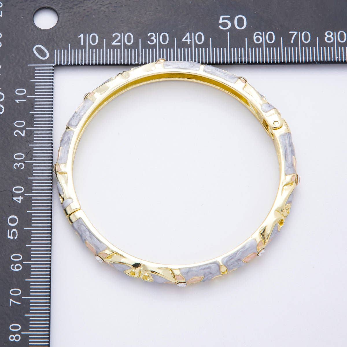 Clear Round CZ Enamel Ivy Garden Floral Open Round Bangle Bracelet