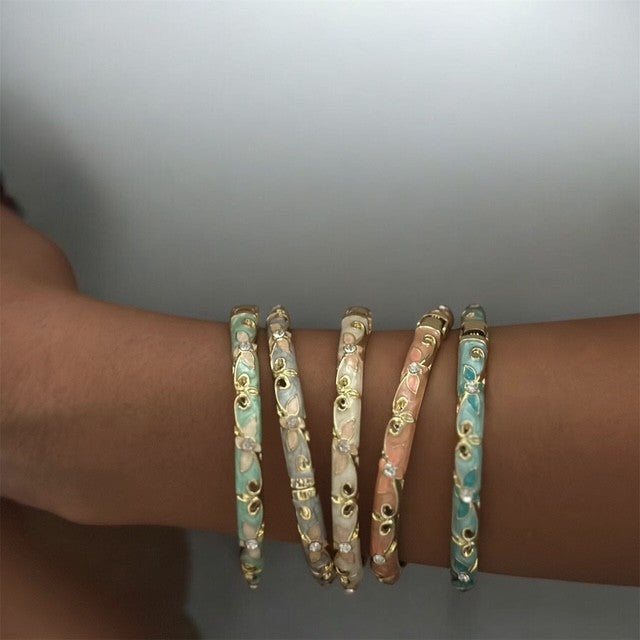 Clear Round CZ Enamel Ivy Garden Floral Open Round Bangle Bracelet